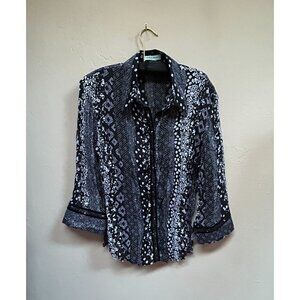 Vio Lin Women's Top Button Front Art to Wear Shirt Large Boho Print Black White